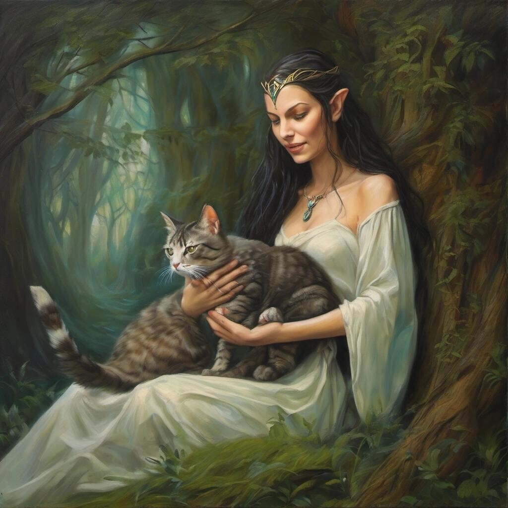 Image with seed 1087050057 generated via Stable Diffusion through @stablehorde@sigmoid.social. Prompt: Elven Lady Arwen Undómiel playing with a cat, oil on canvas, fantasy