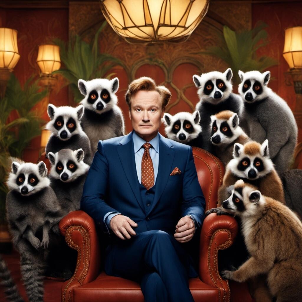 Image with seed 4141663887 generated via Stable Diffusion through @stablehorde@sigmoid.social. Prompt: Conan O’Brien frowning while wearing a clown nose in a luxurious Arabic salon surrounded by lemurs in the style of Thomas Kinkade.