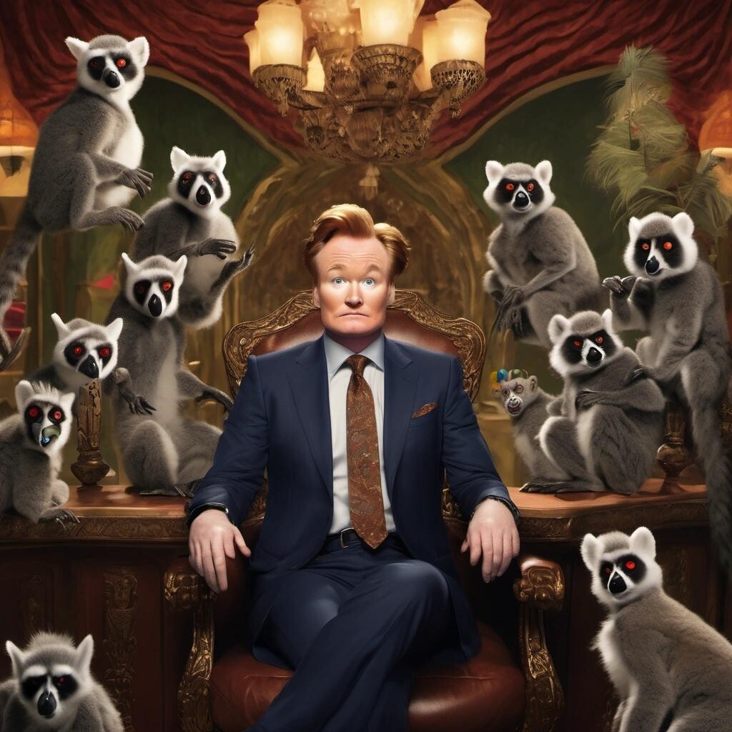 Image with seed 4141663887 generated via Stable Diffusion through @stablehorde@sigmoid.social. Prompt: Conan O’Brien frowning while wearing a clown nose in a luxurious Arabic salon surrounded by lemurs in the style of Thomas Kinkade.