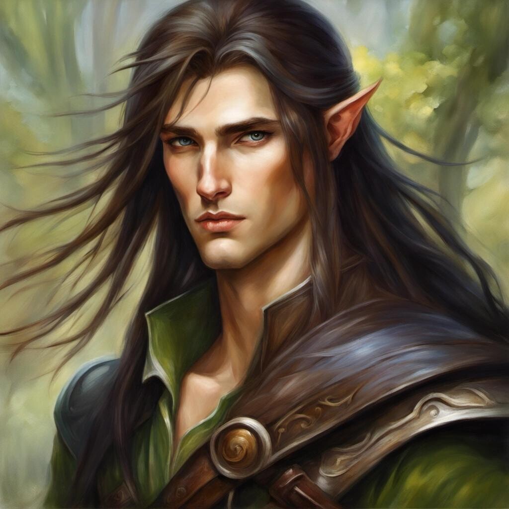 Image with seed 311628385 generated via Stable Diffusion through @stablehorde@sigmoid.social. Prompt: Beautiful male Elf ranger, pretty boy face, skinny, slender, very long hair, fantasy, oil painting