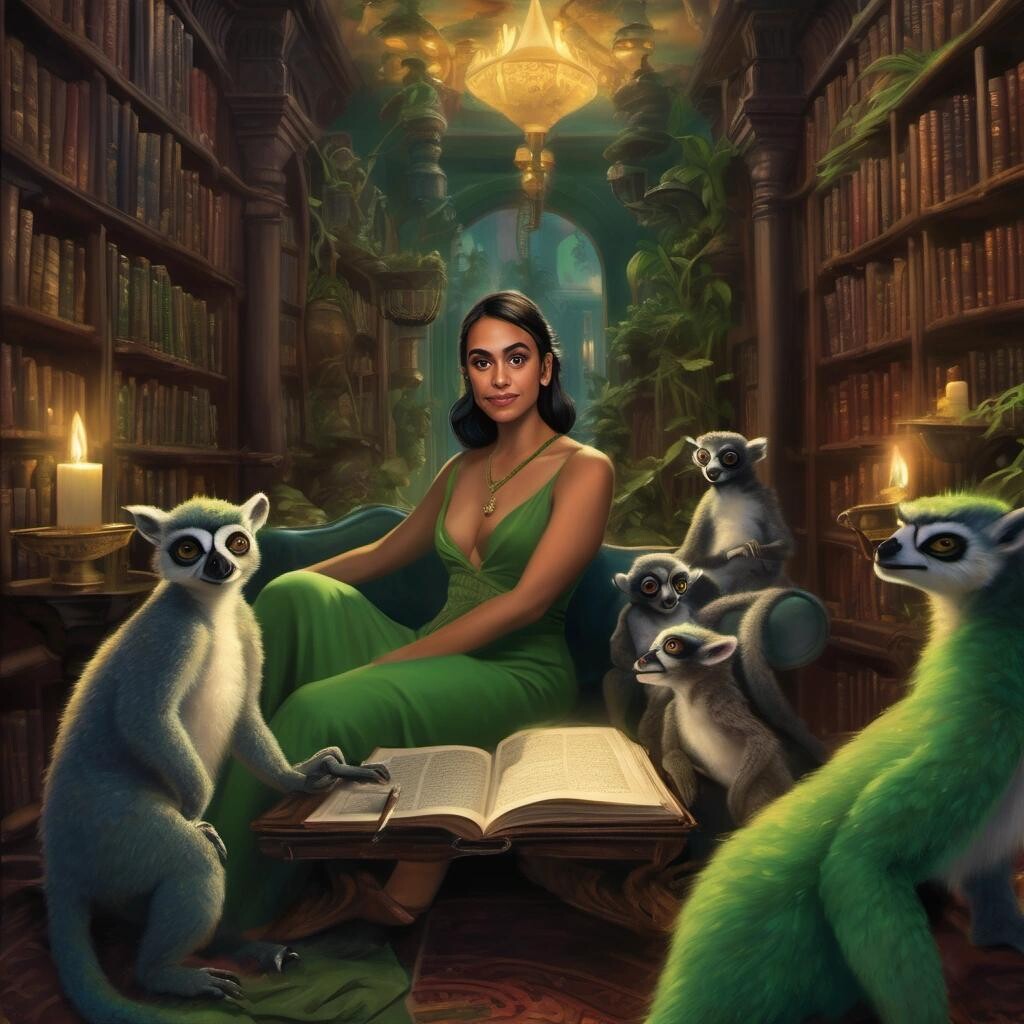 Image with seed 1527200818 generated via Stable Diffusion through @stablehorde@sigmoid.social. Prompt: Alexandria Ocasio-Cortez as a green genie in a seductive and smokey Arabic candlelit library surrounded by lemurs in the style of Thomas Kinkade.