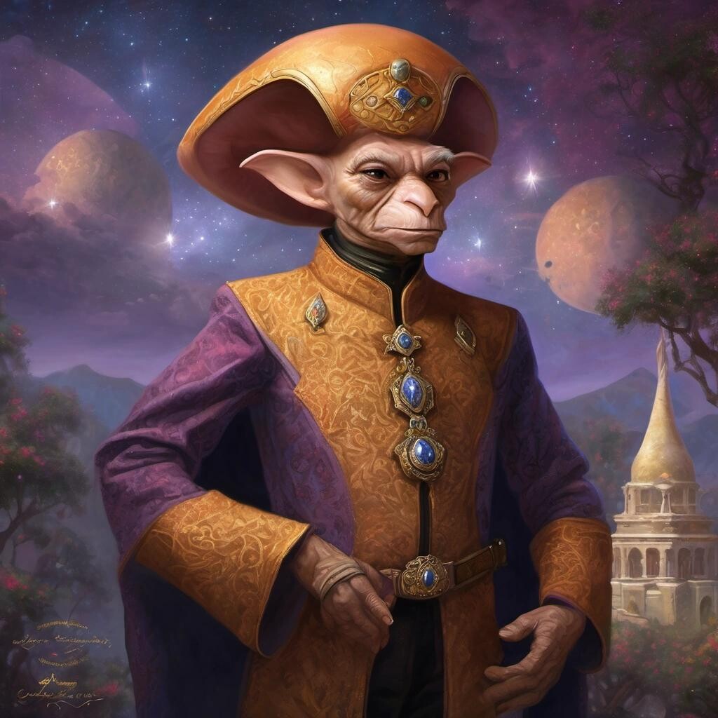 Image with seed 1724398034 generated via Stable Diffusion through @stablehorde@sigmoid.social. Prompt: a Ferengi as a Persian prince in the style of Thomas Kinkade.