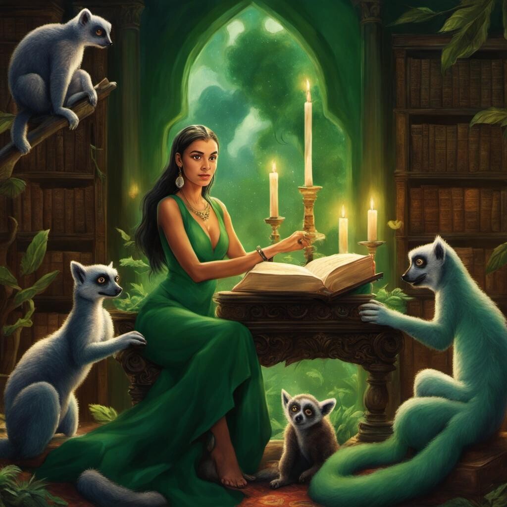 Image with seed 1527200818 generated via Stable Diffusion through @stablehorde@sigmoid.social. Prompt: Alexandria Ocasio-Cortez as a green genie in a seductive and smokey Arabic candlelit library surrounded by lemurs in the style of Thomas Kinkade.
