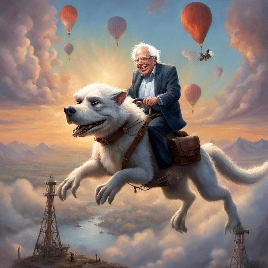 Image with seed 2995063663 generated via Stable Diffusion through @stablehorde@sigmoid.social. Prompt: Bernie Sanders riding Falcor over an oil field in the style of Thomas Kinkade.