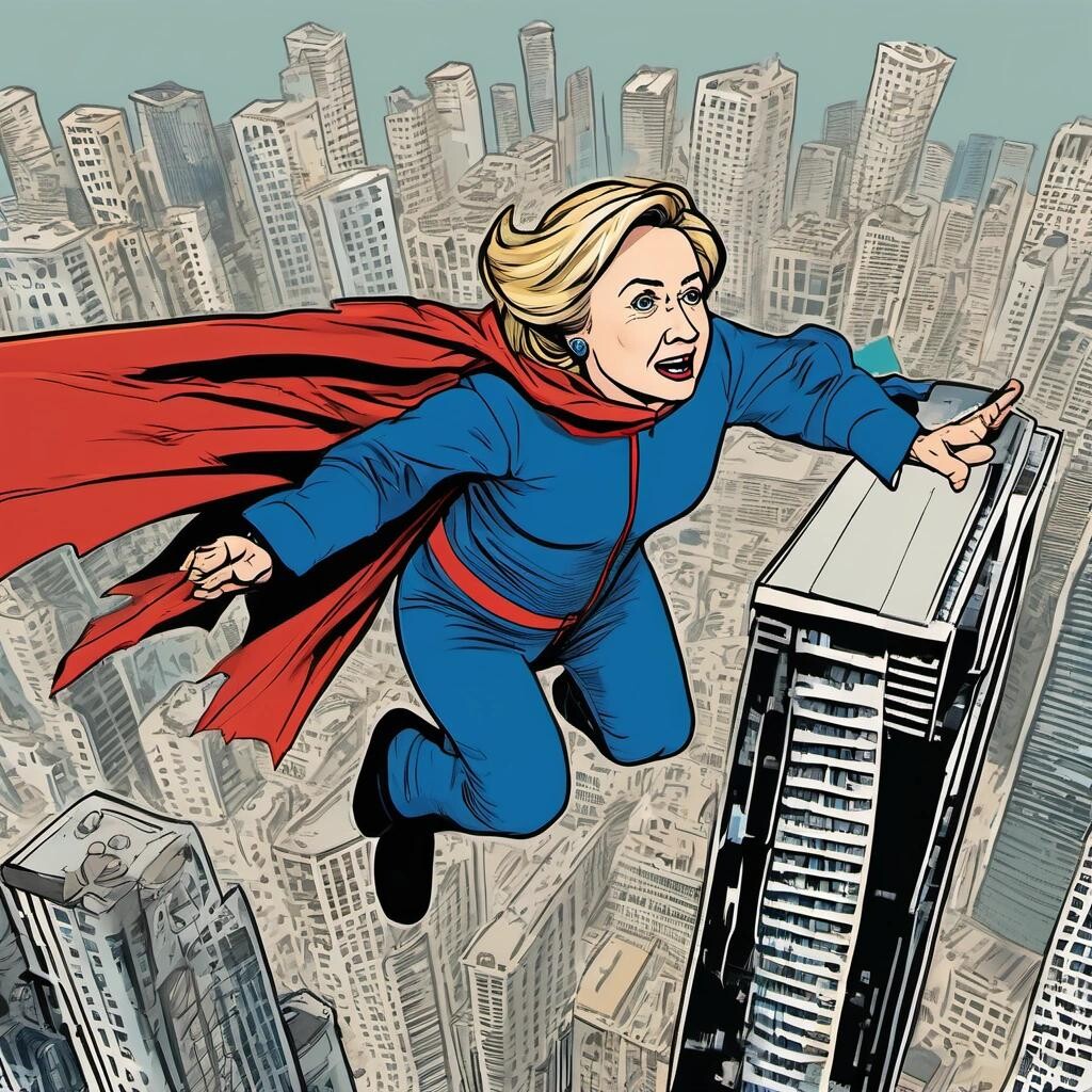 Image with seed 1857166981 generated via Stable Diffusion through @stablehorde@sigmoid.social. Prompt: Hillary Clinton in a wing suit BASE jumping off of a skyscraper in the style of a comic book.