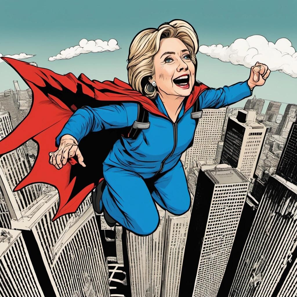 Image with seed 1857166981 generated via Stable Diffusion through @stablehorde@sigmoid.social. Prompt: Hillary Clinton in a wing suit BASE jumping off of a skyscraper in the style of a comic book.