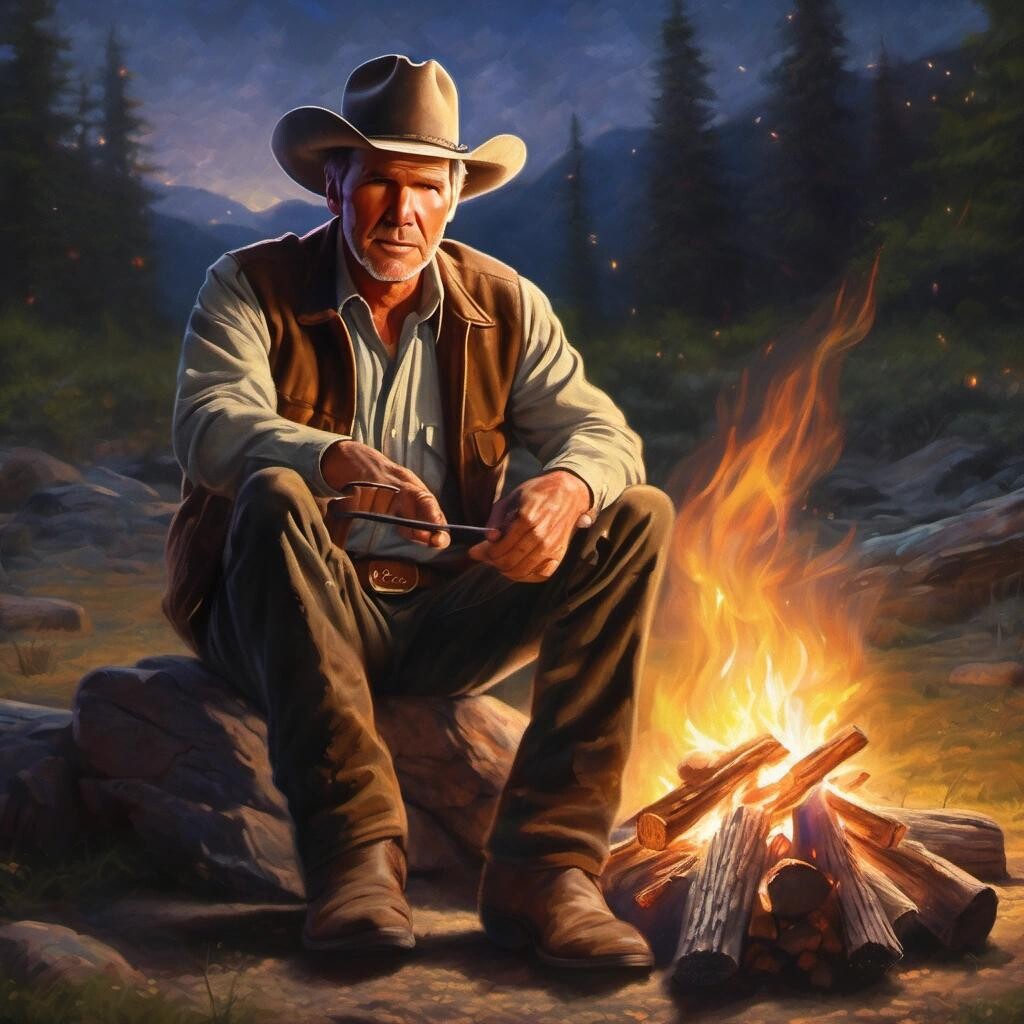 featured: Harrison Ford as a cowboy sitting by a glowing campfire in the Texas night in the style of Thomas Kinkade.