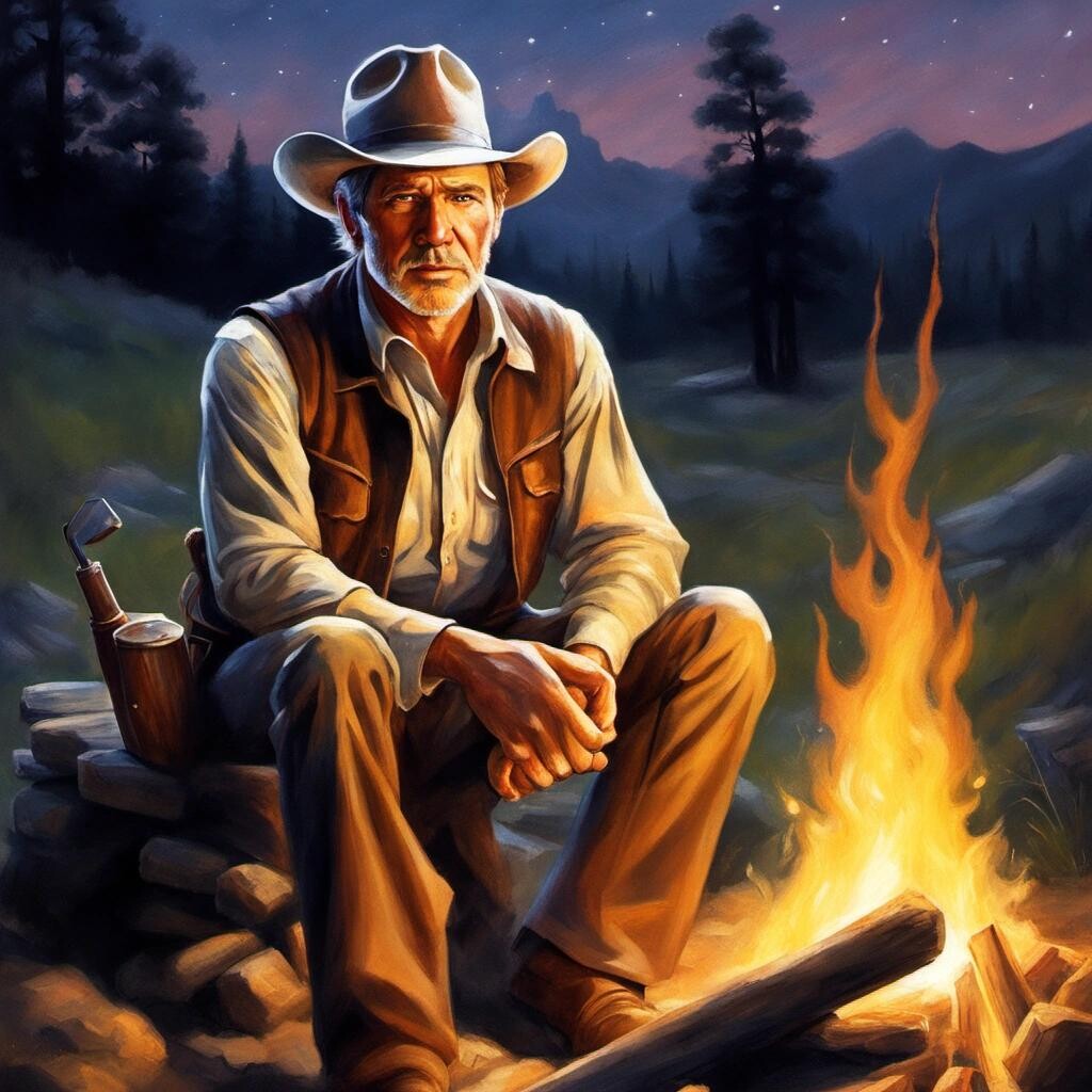 Image with seed 349208406 generated via Stable Diffusion through @stablehorde@sigmoid.social. Prompt: Harrison Ford as a cowboy sitting by a glowing campfire in the Texas night in the style of Thomas Kinkade.