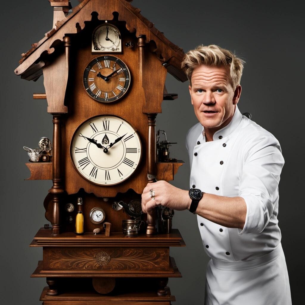 Image with seed 24395526 generated via Stable Diffusion through @stablehorde@sigmoid.social. Prompt: gordon ramsay piloting a supersonic cuckoo clock