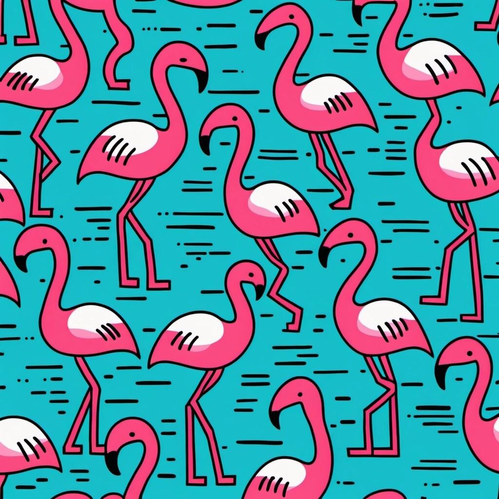 Image with seed 3314000959 generated via Stable Diffusion through @stablehorde@sigmoid.social. Prompt: a pattern of flamingos in the style of Keith Haring.