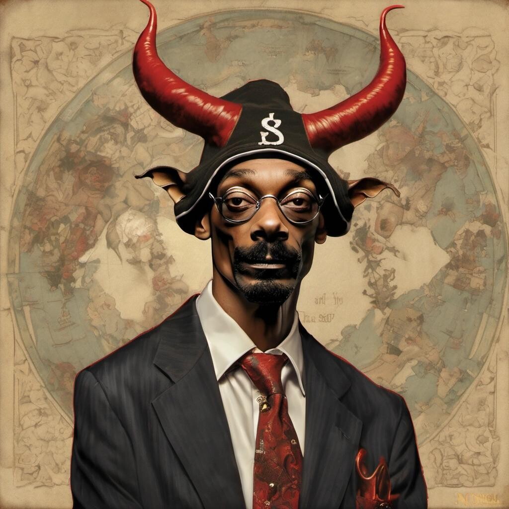 Image with seed 2715769324 generated via Stable Diffusion through @stablehorde@sigmoid.social. Prompt: Snoop Dogg as the devil in the style of Norman Rockwell.