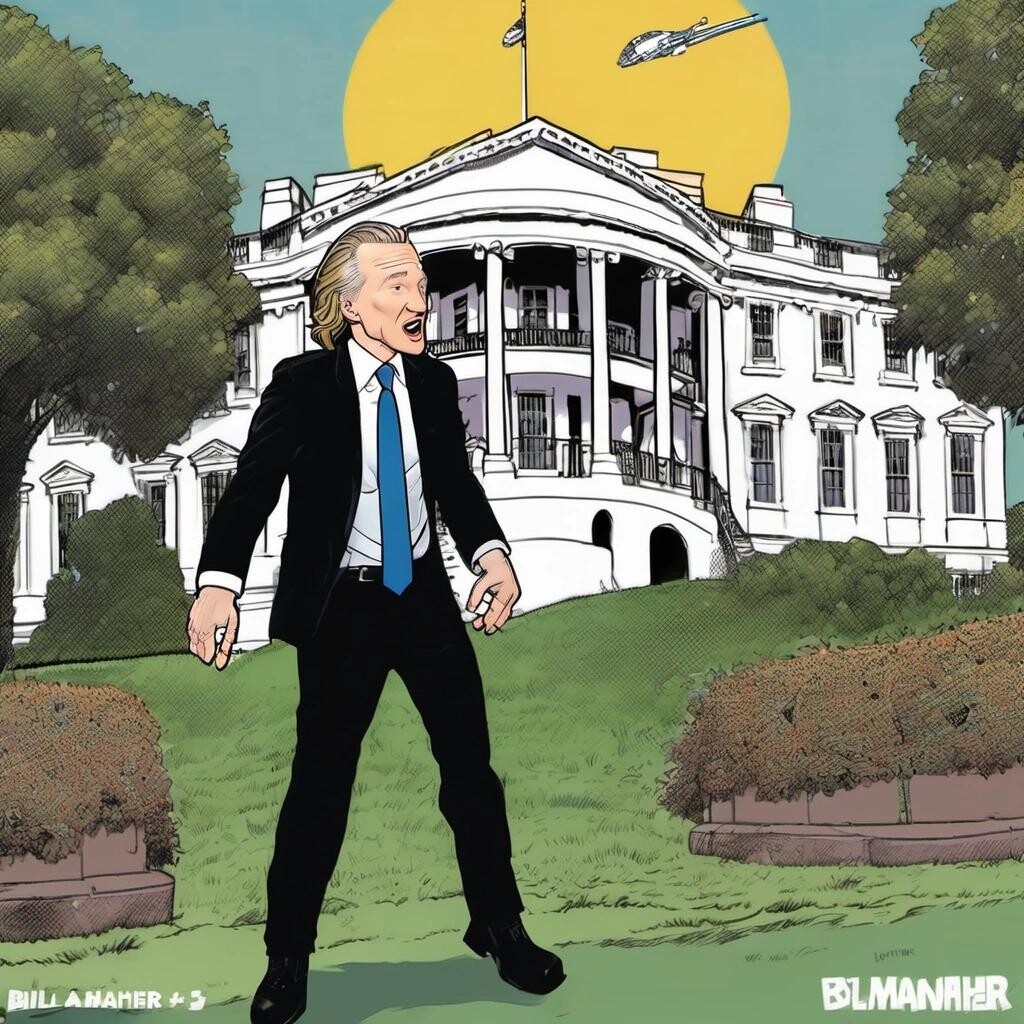 Image with seed 3227049110 generated via Stable Diffusion through @stablehorde@sigmoid.social. Prompt: Bill Maher getting kicked out of the White House in the style of a comic book.