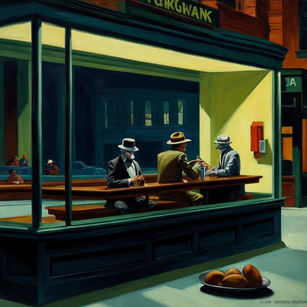 Image with seed 2326097166 generated via Stable Diffusion through @stablehorde@sigmoid.social. Prompt: Edward Hopper's Nighthawks, but everyone is a robot