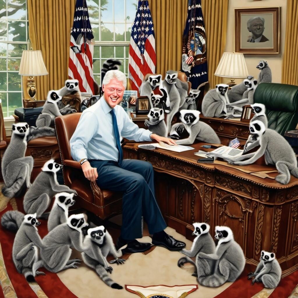 Image with seed 25749340 generated via Stable Diffusion through @stablehorde@sigmoid.social. Prompt: Bill Clinton in the Oval Office surrounded by hundreds of lemurs in the style of Norman Rockwell.