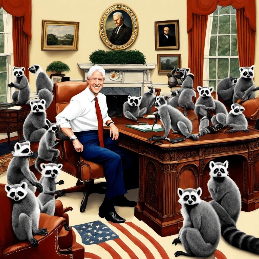 Image with seed 25749340 generated via Stable Diffusion through @stablehorde@sigmoid.social. Prompt: Bill Clinton in the Oval Office surrounded by hundreds of lemurs in the style of Norman Rockwell.