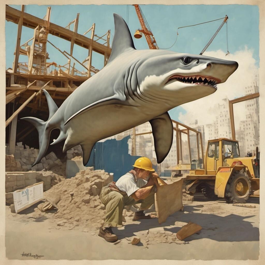 Image with seed 3715811095 generated via Stable Diffusion through @stablehorde@sigmoid.social. Prompt: a hammerhead shark at a construction site in the style of Norman Rockwell