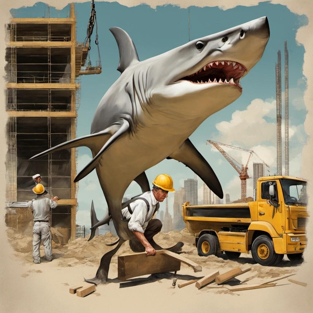 Image with seed 3715811095 generated via Stable Diffusion through @stablehorde@sigmoid.social. Prompt: a hammerhead shark at a construction site in the style of Norman Rockwell