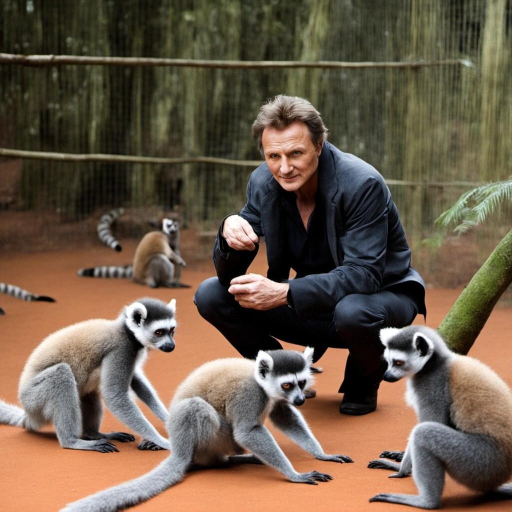 Image with seed 1203820964 generated via Stable Diffusion through @stablehorde@sigmoid.social. Prompt: Liam Neeson with a very specific set of skills surrounded by lemurs