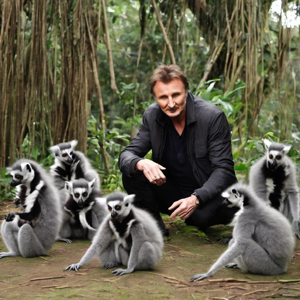 Image with seed 1203820964 generated via Stable Diffusion through @stablehorde@sigmoid.social. Prompt: Liam Neeson with a very specific set of skills surrounded by lemurs