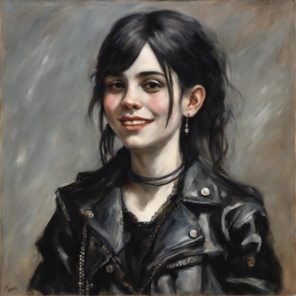 Image with seed 2830533155 generated via Stable Diffusion through @stablehorde@sigmoid.social. Prompt: a painting by claude monet of a sweet smiling goth-girl with an old, ratty leather jacket and piercings, her skin ist steaming, smoke