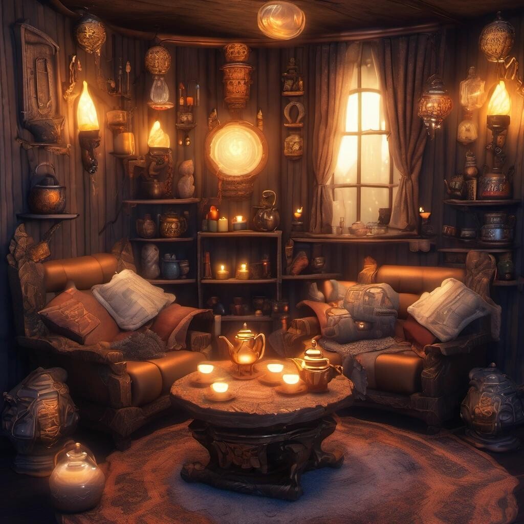 Image with seed 2515874014 generated via Stable Diffusion through @stablehorde@sigmoid.social. Prompt: Very comfortable and inviting Dwarven living-room, candles, teapot and teacups, magic crystal lamps, art deco furniture