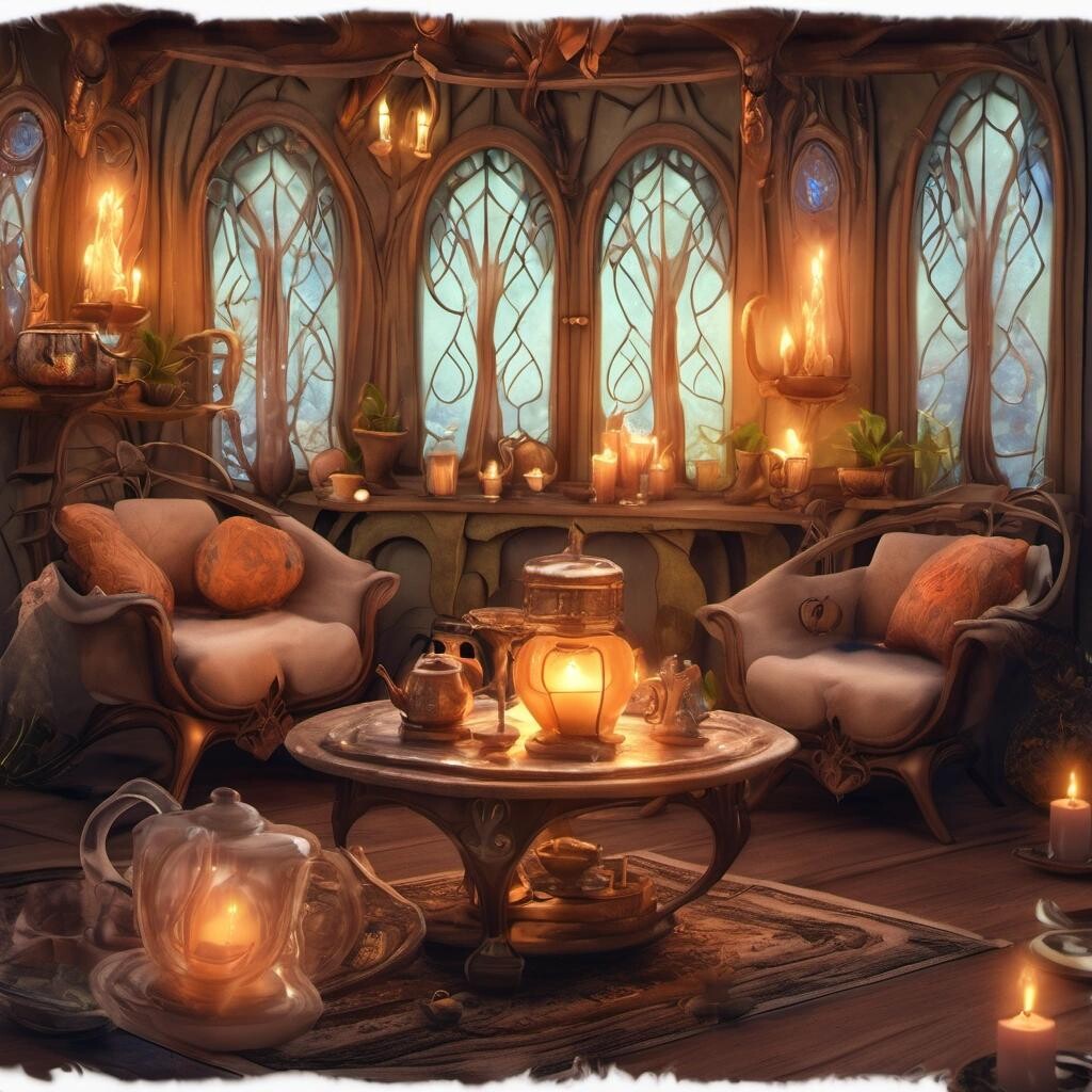 Image with seed 3966235973 generated via Stable Diffusion through @stablehorde@sigmoid.social. Prompt: Very comfortable and inviting Elven living-room, candles, teapot and teacups, magic crystal lamps, art nouveau furniture