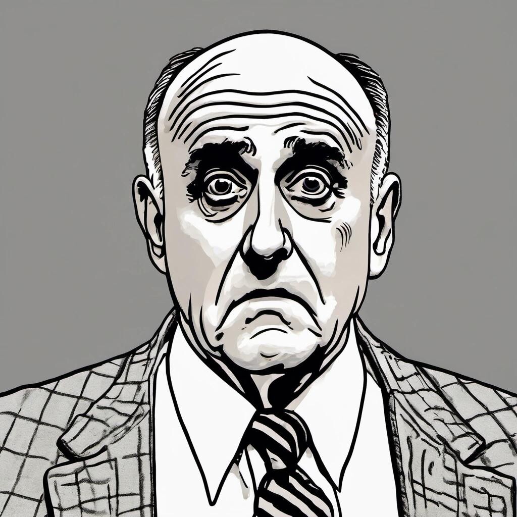 Image with seed 2499475599 generated via Stable Diffusion through @stablehorde@sigmoid.social. Prompt: Rudy Giuliani looking horrified and afraid in a mugshot in the style of a woodcut print.