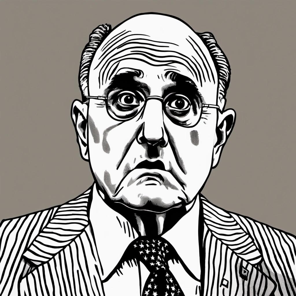 Image with seed 2499475599 generated via Stable Diffusion through @stablehorde@sigmoid.social. Prompt: Rudy Giuliani looking horrified and afraid in a mugshot in the style of a woodcut print.