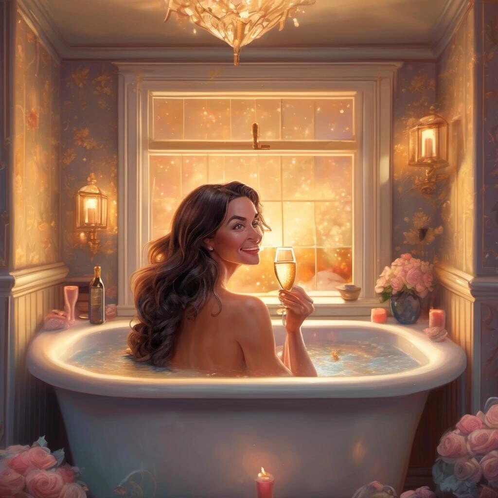 Image with seed 3203240285 generated via Stable Diffusion through @stablehorde@sigmoid.social. Prompt: a mom looking extremely relaxed in a bathtub full of champagne in a candlelit bathroom in the style of Thomas Kinkade.