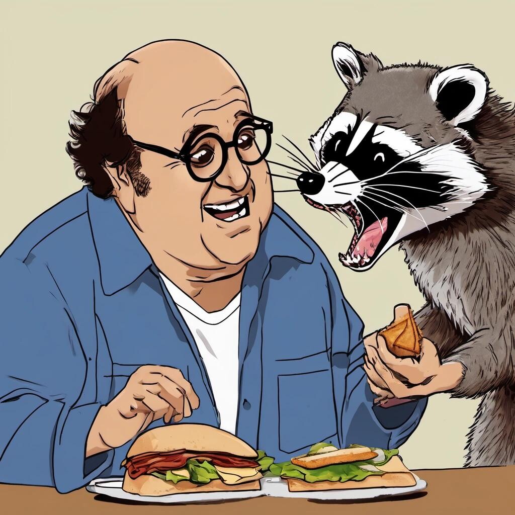 Image with seed 1104950719 generated via Stable Diffusion through @stablehorde@sigmoid.social. Prompt: Danny devito having an argument with a raccoon over a sandwich