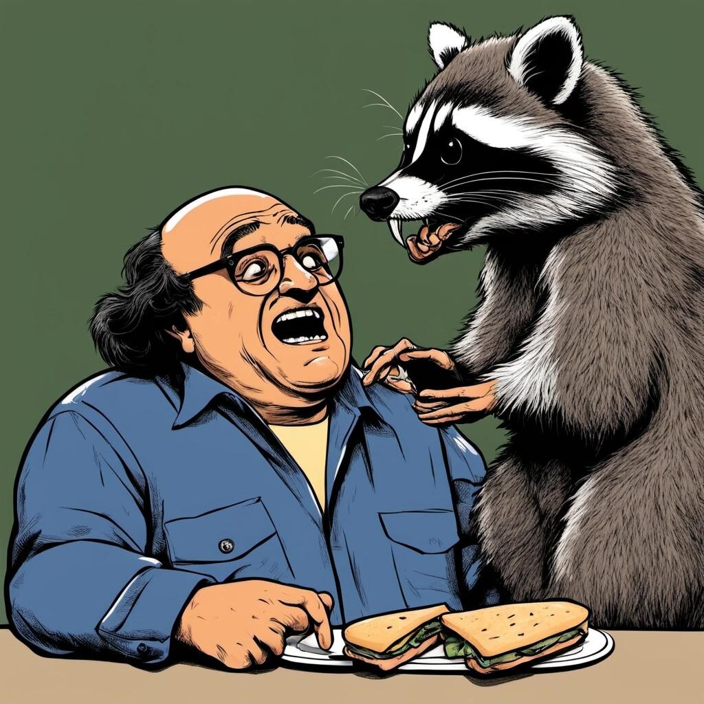 Image with seed 1104950719 generated via Stable Diffusion through @stablehorde@sigmoid.social. Prompt: Danny devito having an argument with a raccoon over a sandwich