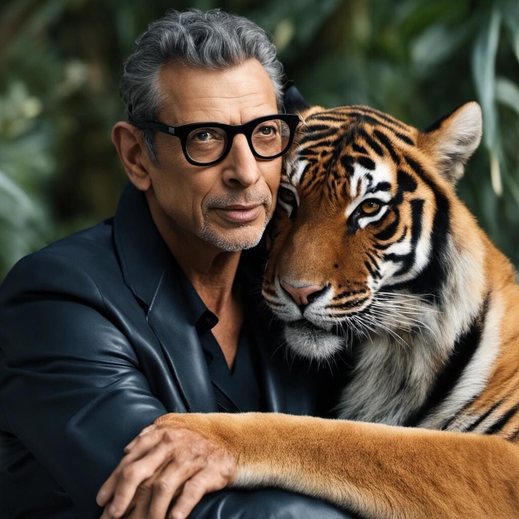 Image with seed 1543990612 generated via Stable Diffusion through @stablehorde@sigmoid.social. Prompt: Jeff goldblum snuggling with a tiger