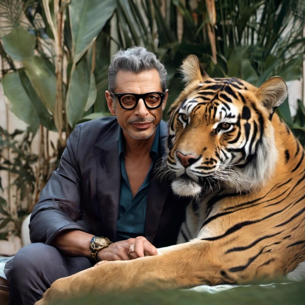 Image with seed 1543990612 generated via Stable Diffusion through @stablehorde@sigmoid.social. Prompt: Jeff goldblum snuggling with a tiger