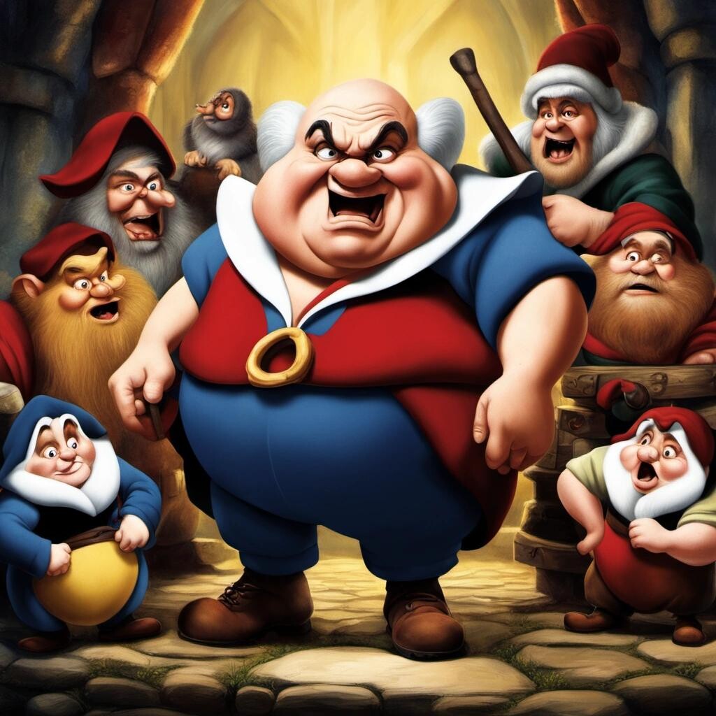 Image with seed 3532800536 generated via Stable Diffusion through @stablehorde@sigmoid.social. Prompt: Danny devito as Angry in a picture of Snow White and the Seven Dwarves