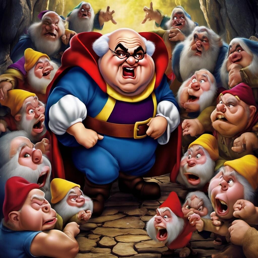 Image with seed 3532800536 generated via Stable Diffusion through @stablehorde@sigmoid.social. Prompt: Danny devito as Angry in a picture of Snow White and the Seven Dwarves