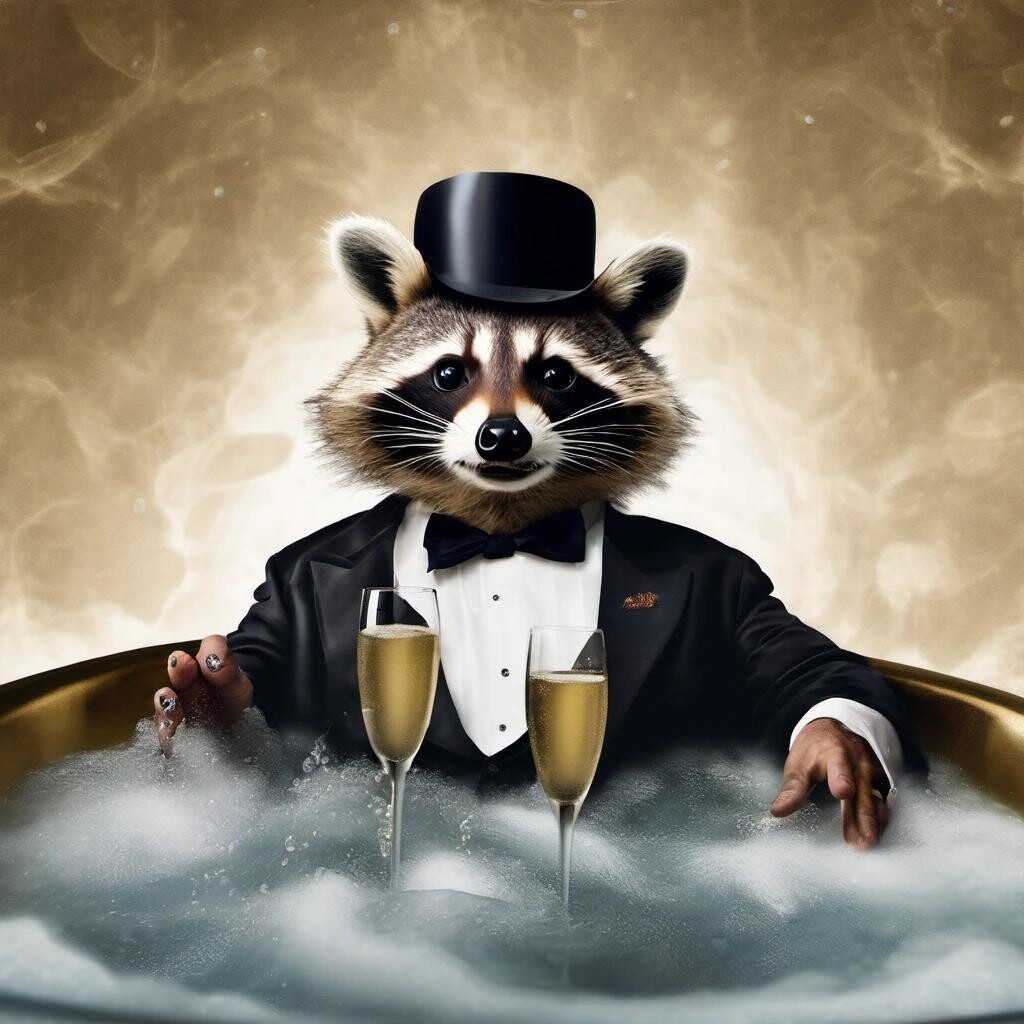 Image with seed 3854806221 generated via Stable Diffusion through @stablehorde@sigmoid.social. Prompt: Danny devito in a bathtub of champagne with a raccoon in the style of Rembrandt