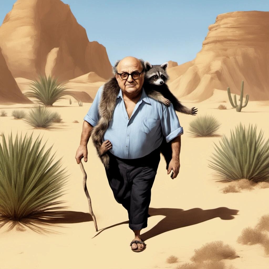 Image with seed 159765111 generated via Stable Diffusion through @stablehorde@sigmoid.social. Prompt: Danny devito in a desert approaching an oasis. He carries a raccoon on his back