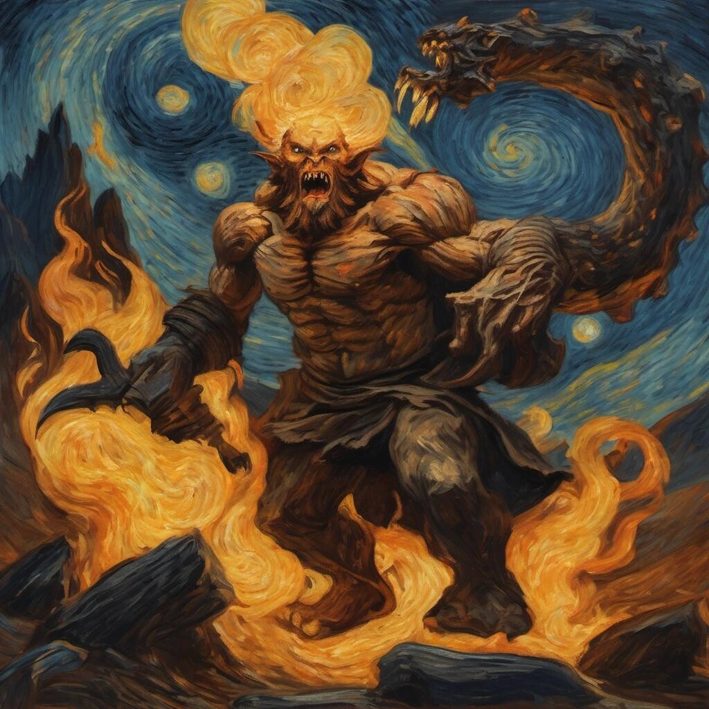 Image with seed 2540083527 generated via Stable Diffusion through @stablehorde@sigmoid.social. Prompt: Galdalf defeating the Balrog in the style of Van Gogh