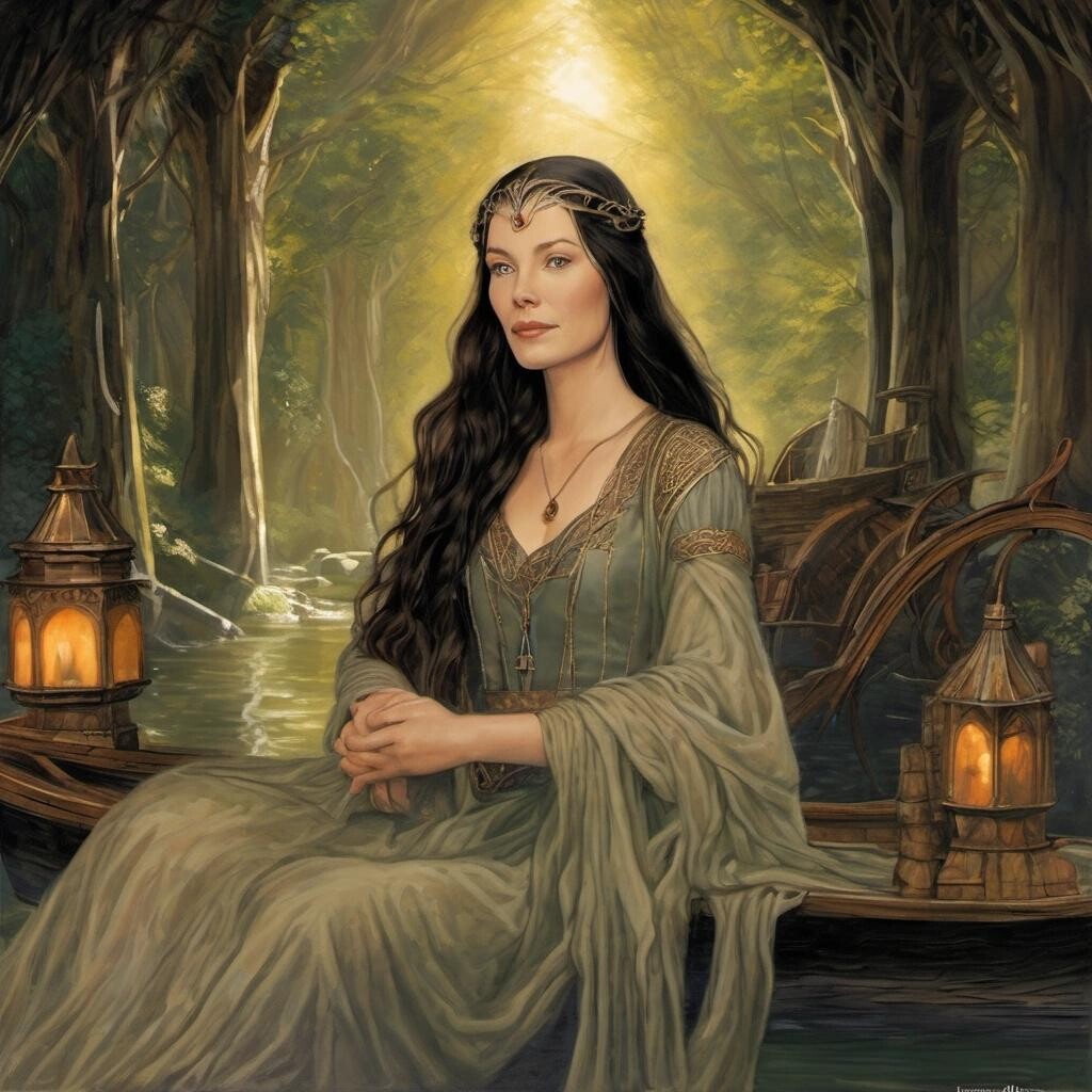 Image with seed 1012423154 generated via Stable Diffusion through @stablehorde@sigmoid.social. Prompt: Arwen as the Lady of Shalott set in Rivendell