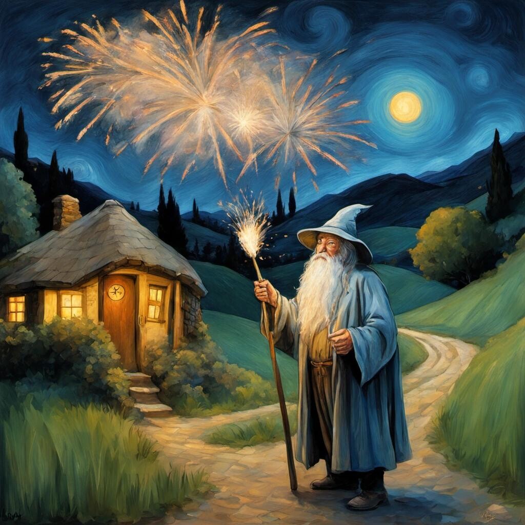 Image with seed 1008818277 generated via Stable Diffusion through @stablehorde@sigmoid.social. Prompt: Gandalf the Gray setting off fireworks over the Shire in the style of van gogh