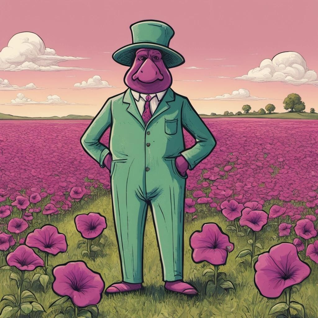 Image with seed 2774155330 generated via Stable Diffusion through @stablehorde@sigmoid.social. Prompt: an anthropomorphic pensive petunia standing in a field