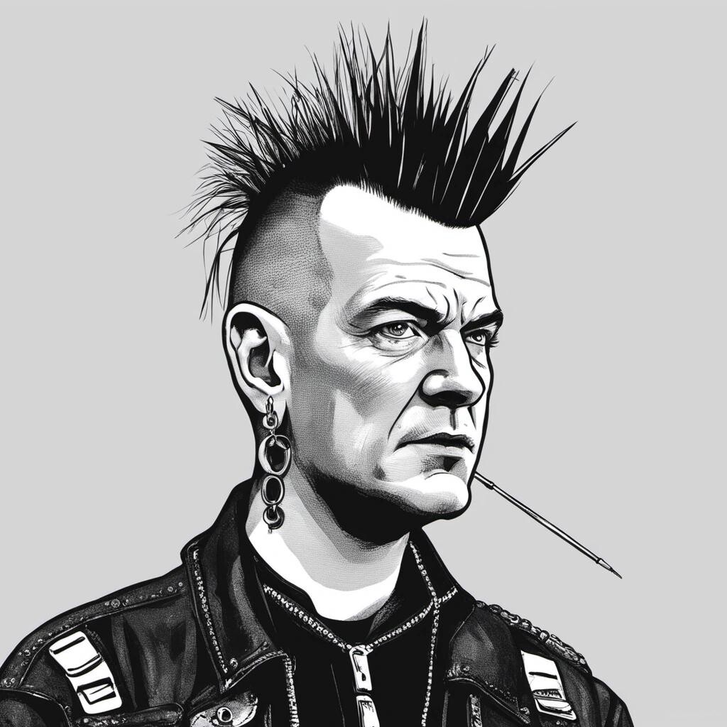 Image with seed 46556389 generated via Stable Diffusion through @stablehorde@sigmoid.social. Prompt: Markus Söder as a punk with mohawk haircut and a safety pin as an earring