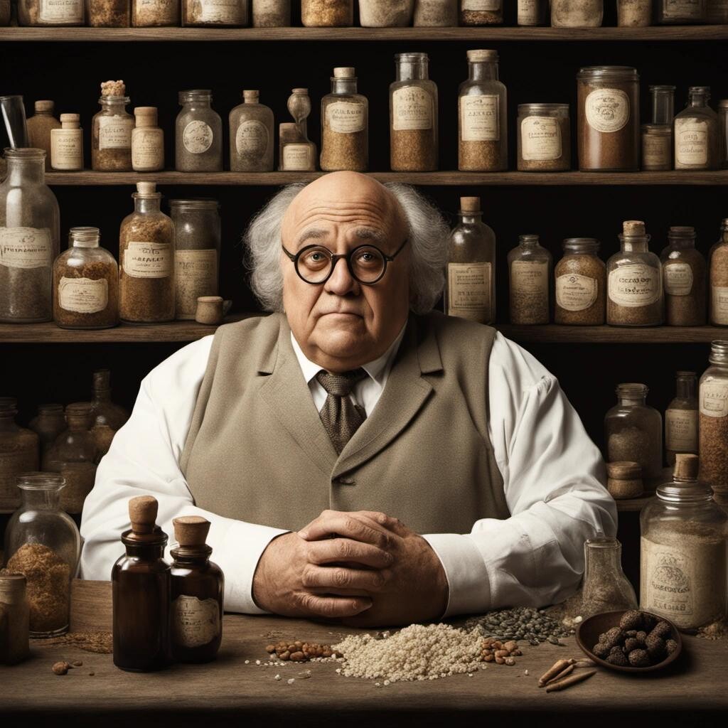 Image with seed 1762812864 generated via Stable Diffusion through @stablehorde@sigmoid.social. Prompt: Danny devito as an old man working in an apothecary