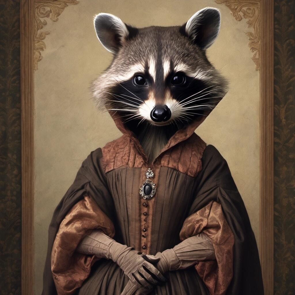 Image with seed 2206999586 generated via Stable Diffusion through @stablehorde@sigmoid.social. Prompt: Lorraine Warren as a raccoon in the Renaissance style