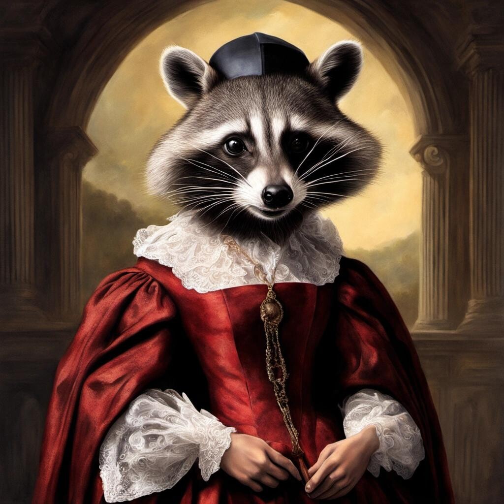 Image with seed 2206999586 generated via Stable Diffusion through @stablehorde@sigmoid.social. Prompt: Lorraine Warren as a raccoon in the Renaissance style