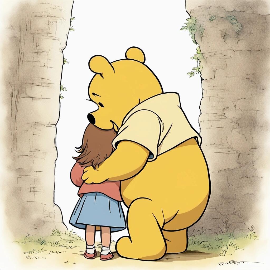 Image with seed 2423763065 generated via Stable Diffusion through @stablehorde@sigmoid.social. Prompt: the back of a small girl with moderately long thick brown hair  hugging giant Winnie the Pooh (double girl's height) with her head buried just below his stomach and Pooh looking down at her