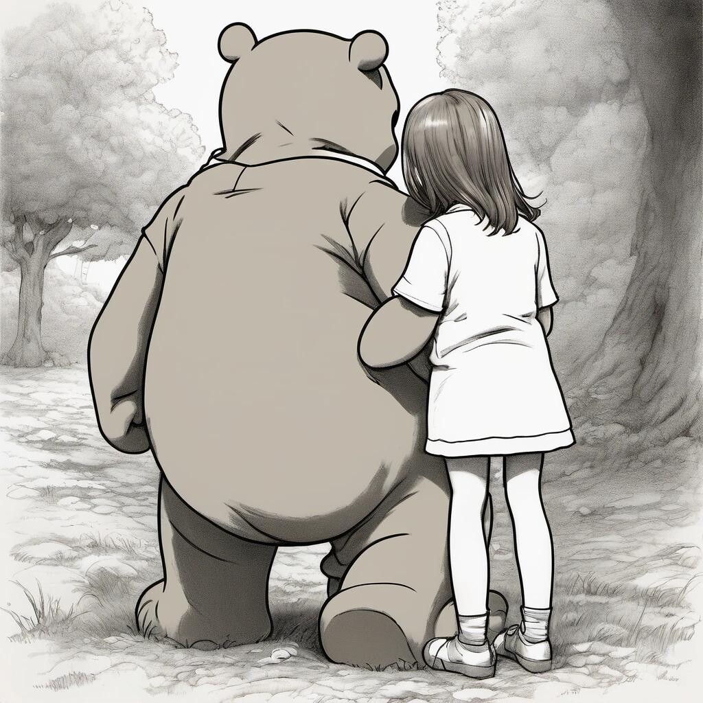 Image with seed 2423763065 generated via Stable Diffusion through @stablehorde@sigmoid.social. Prompt: the back of a small girl with moderately long thick brown hair  hugging giant Winnie the Pooh (double girl's height) with her head buried just below his stomach and Pooh looking down at her