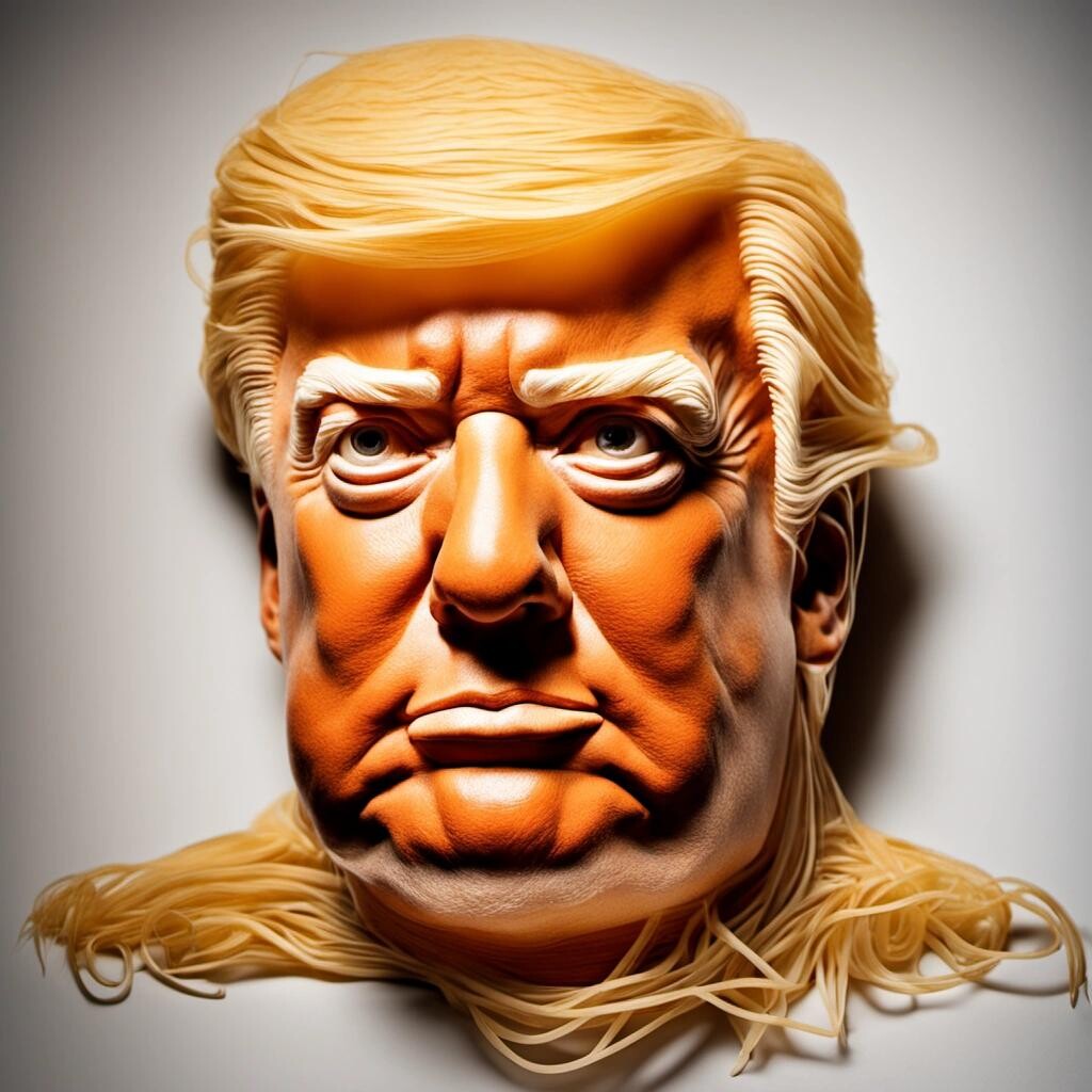 Image with seed 3510568641 generated via Stable Diffusion through @stablehorde@sigmoid.social. Prompt: Donald Trump made out of spaghetti.