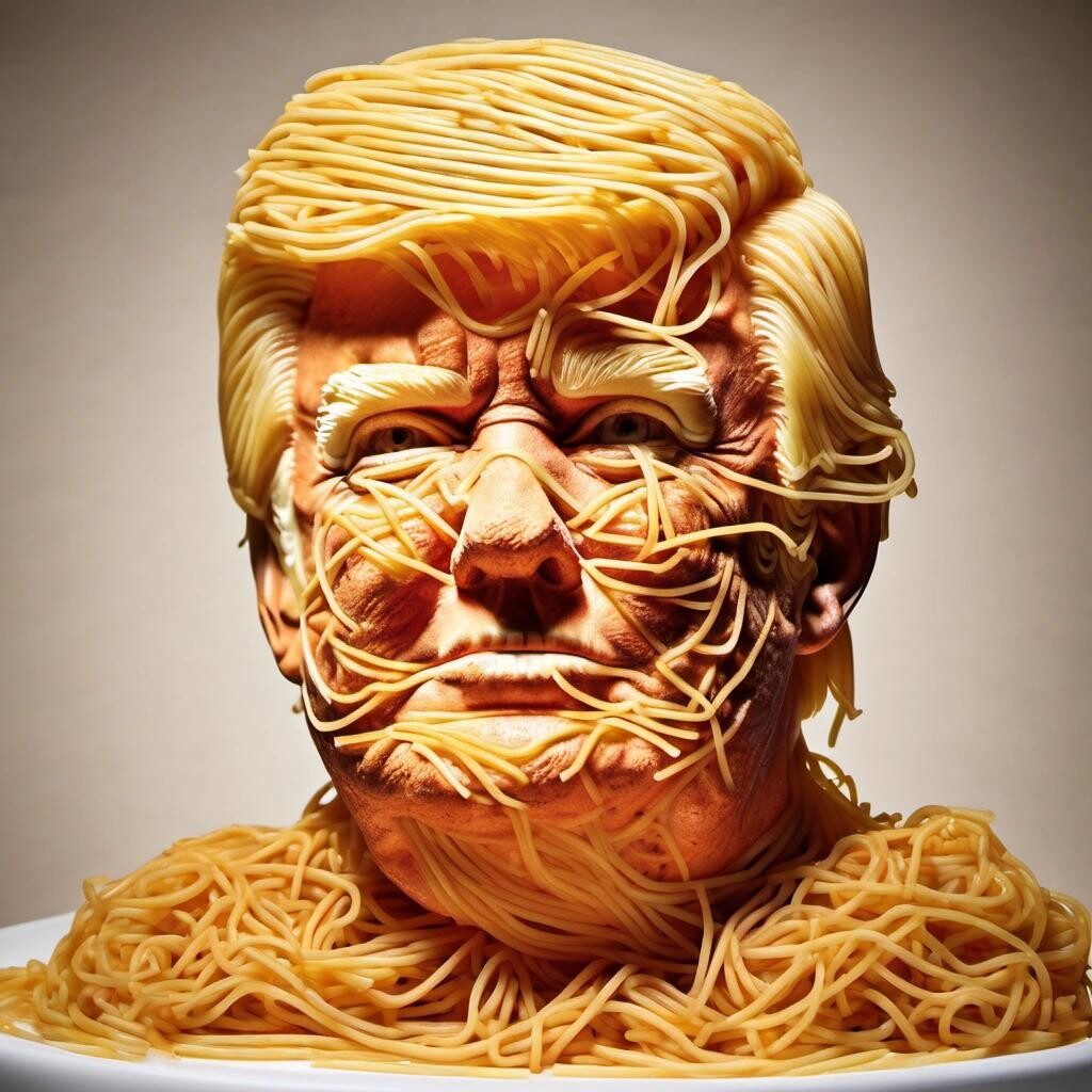 Image with seed 3510568641 generated via Stable Diffusion through @stablehorde@sigmoid.social. Prompt: Donald Trump made out of spaghetti.