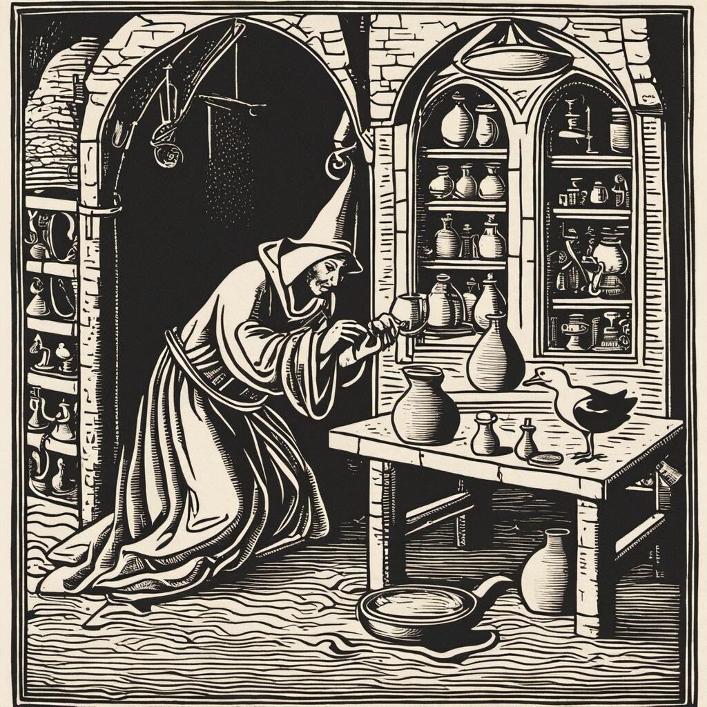 Image with seed 262481907 generated via Stable Diffusion through @stablehorde@sigmoid.social. Prompt: a medieval woodcut of an alchemist being watched by a duck